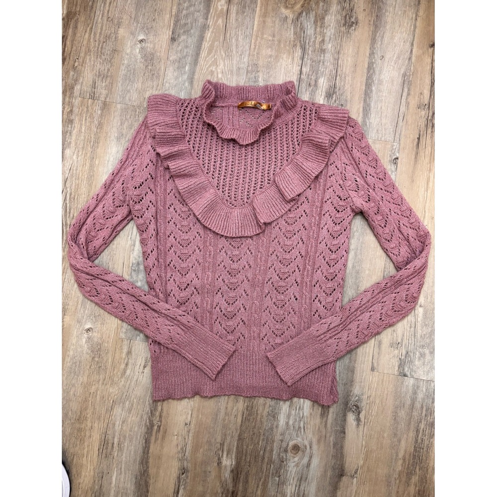Belldini Dusty Rose Ruffle Neck Pointelle Sweater Pink Womens Small Long Sleeve